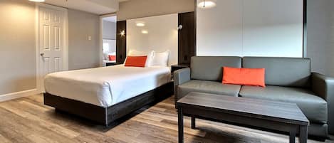 Una habitación de hotel moderna con una cama grande, un sofá, una mesa de centro y un armario.