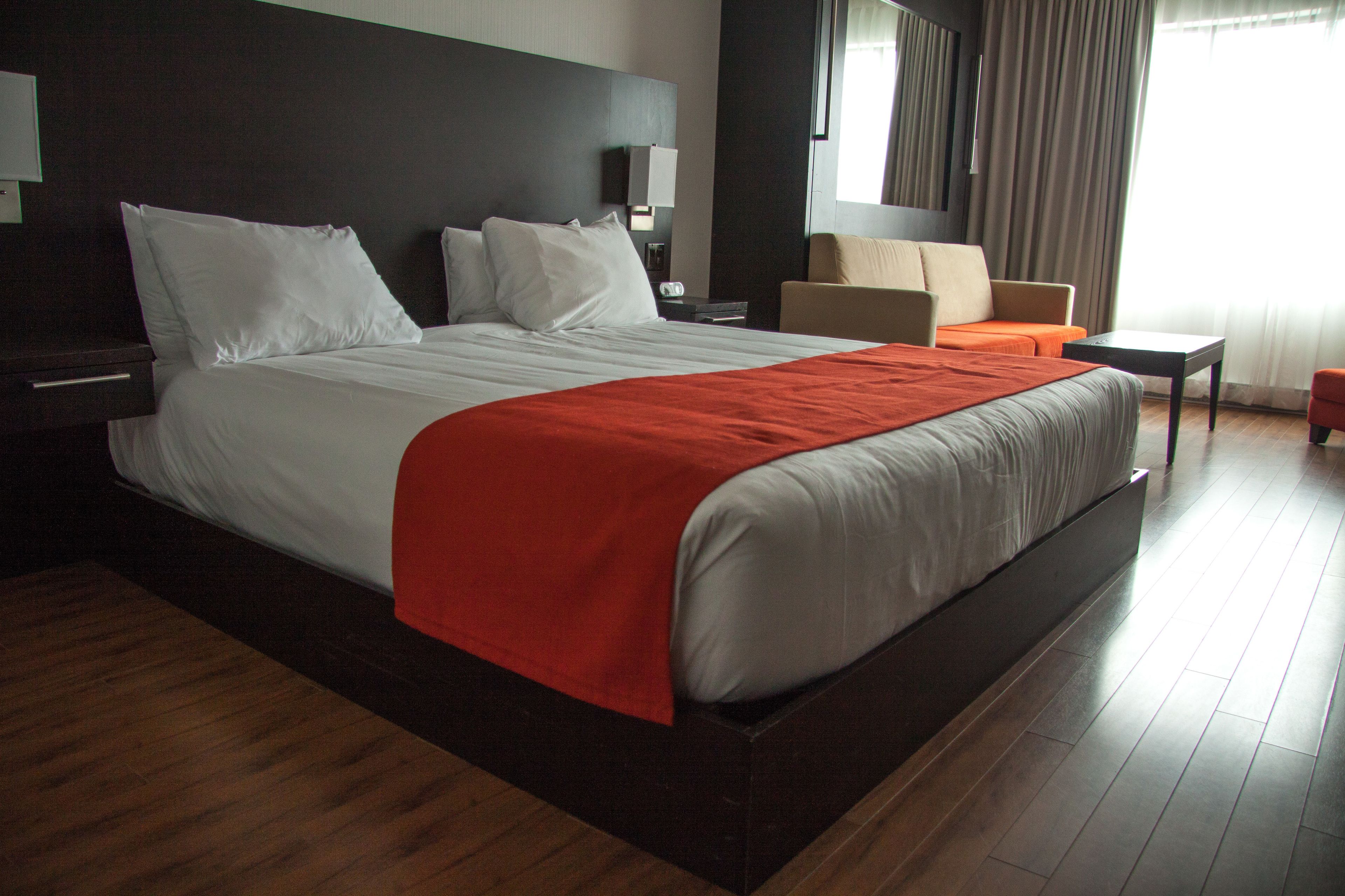 A modern hotel room with a large bed, a red throw blanket, a sofa, and a small table.