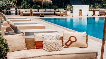 Outdoor pool, pool umbrellas, pool loungers