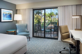 Hotel room view looking out at Hilton Santa Barbara Beachfront Resort