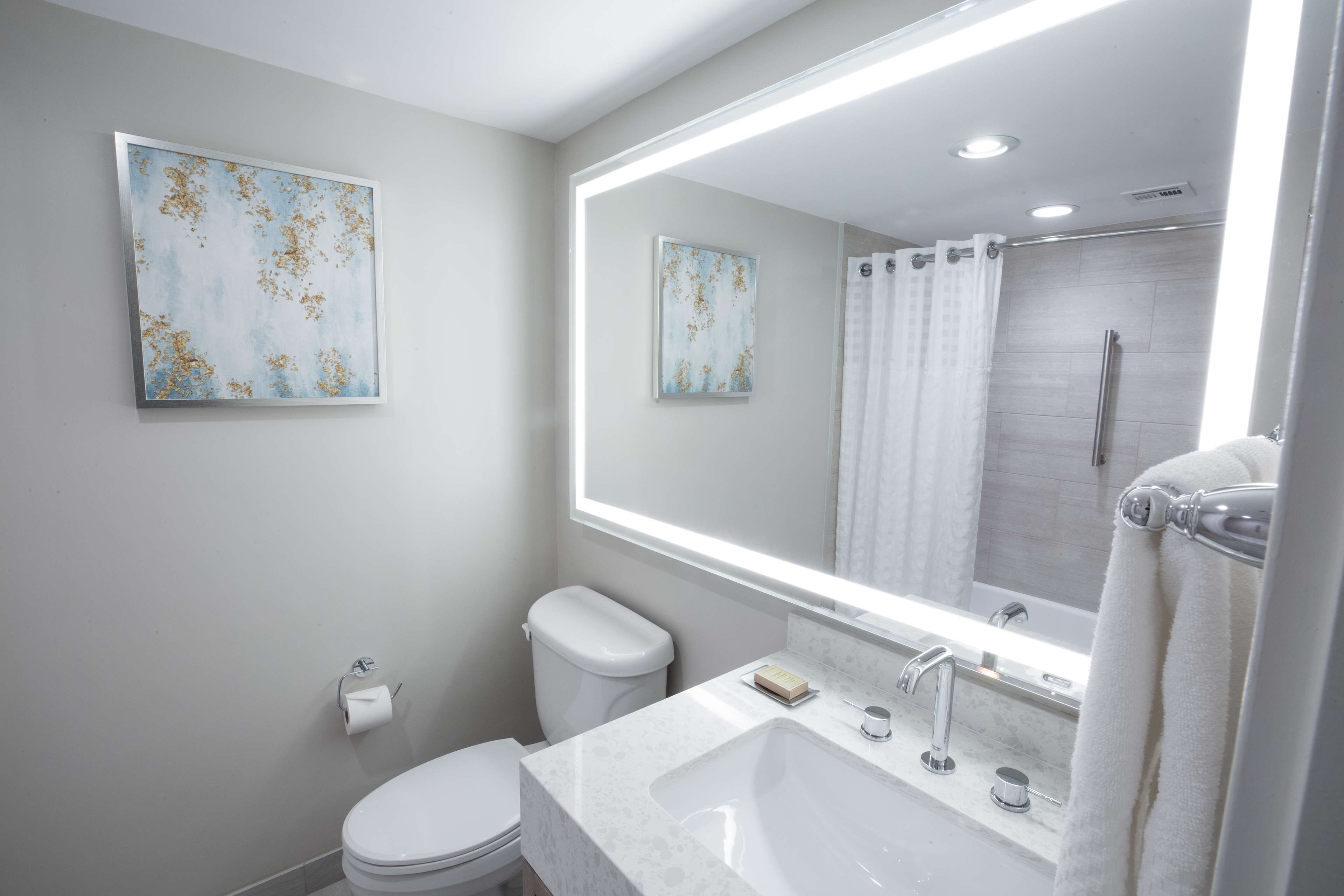 Designer toiletries, hair dryer, towels