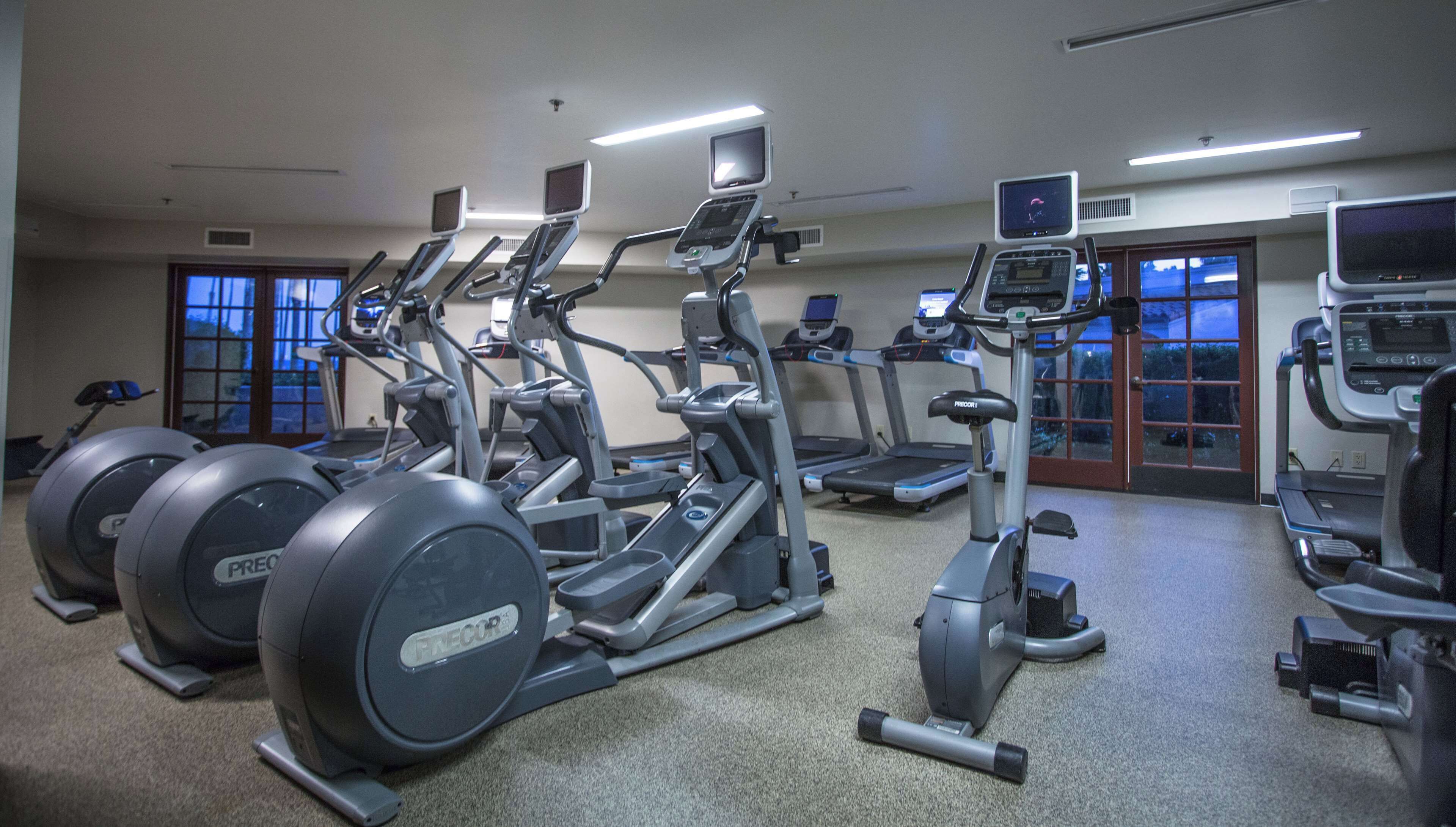 A gym with various exercise machines, including treadmills and elliptical trainers, arranged in rows.