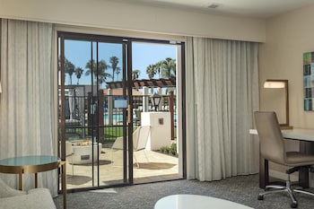 Hotel room view looking out at Hilton Santa Barbara Beachfront Resort