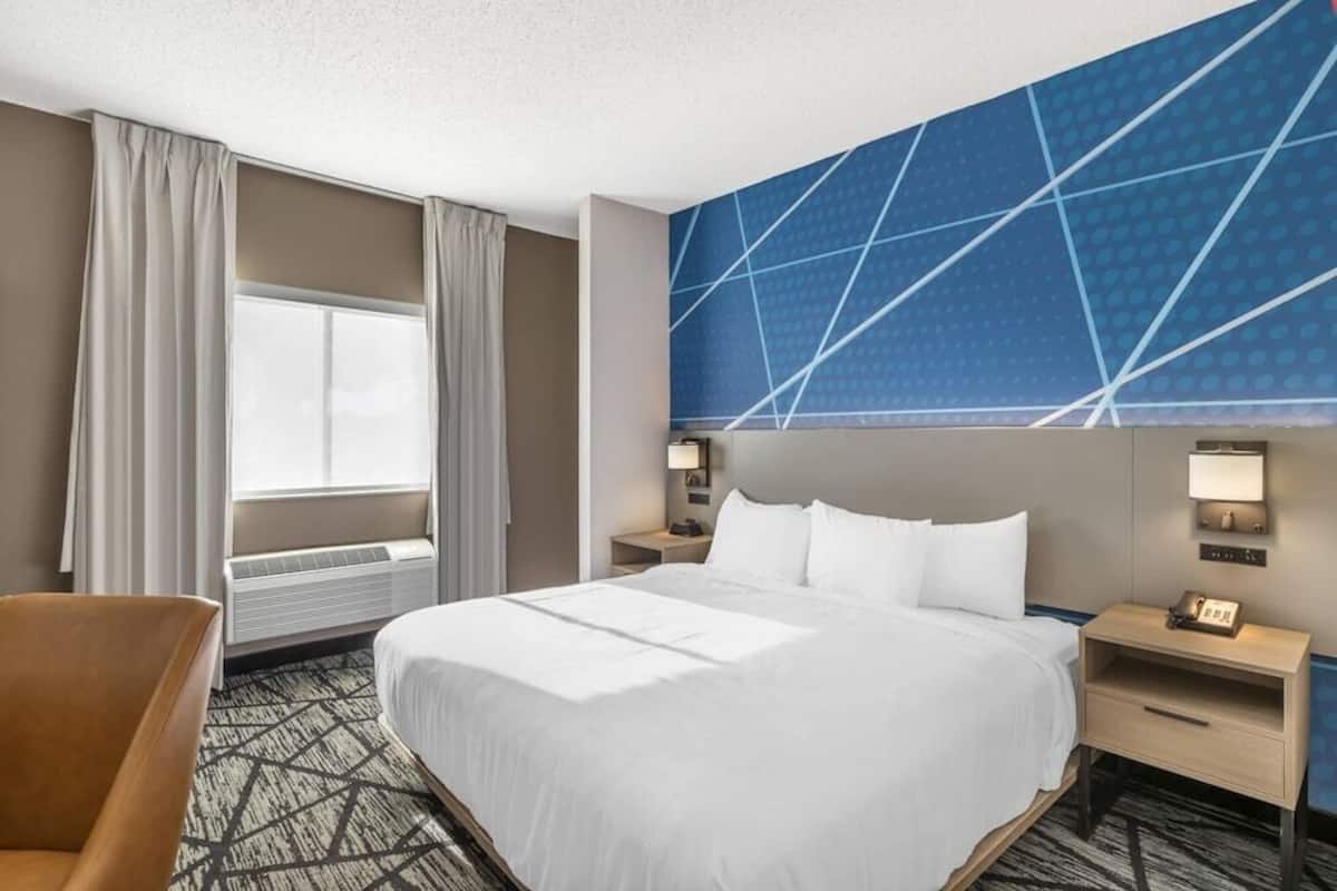 Premium bedding, down comforters, desk, blackout drapes