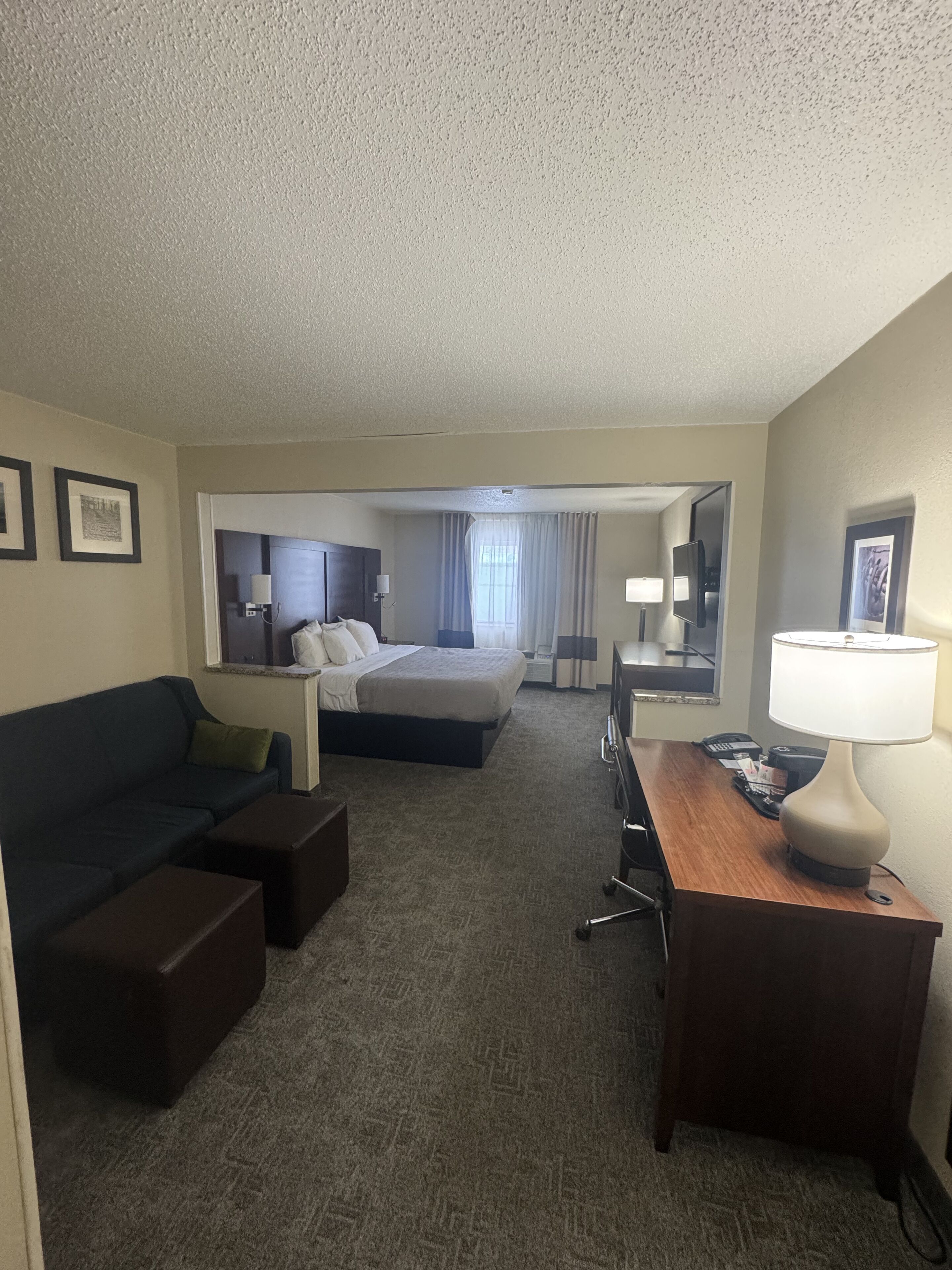 Una habitación de hotel con cama, escritorio, silla, sofá y lámpara.