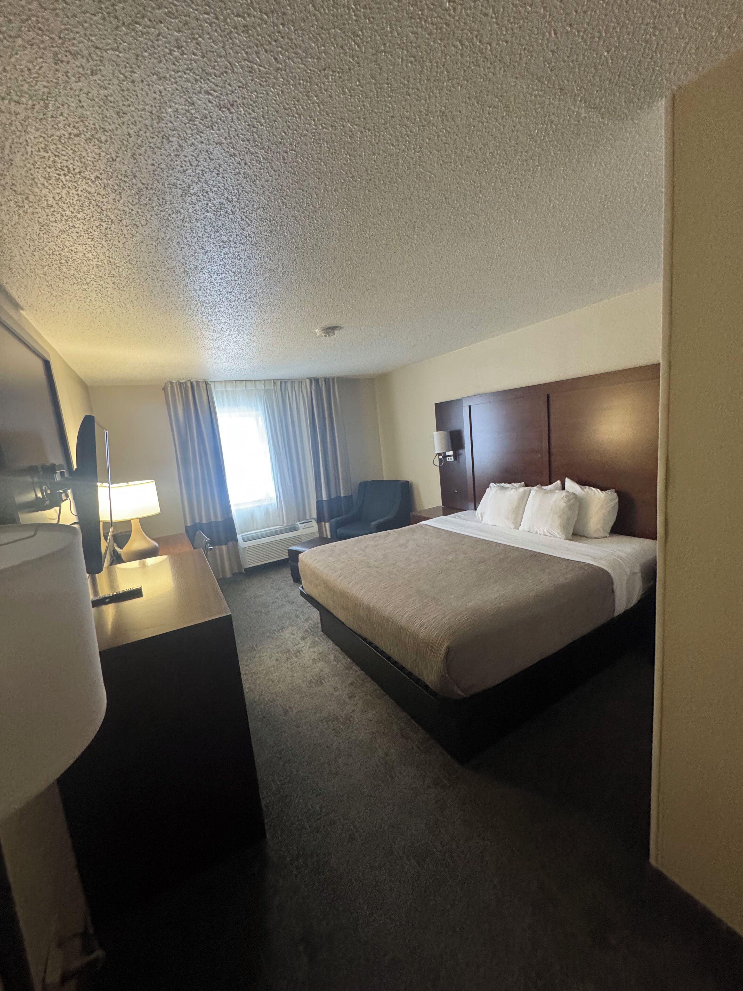 A hotel room with a large bed, a desk with a lamp, a chair, and a TV.
