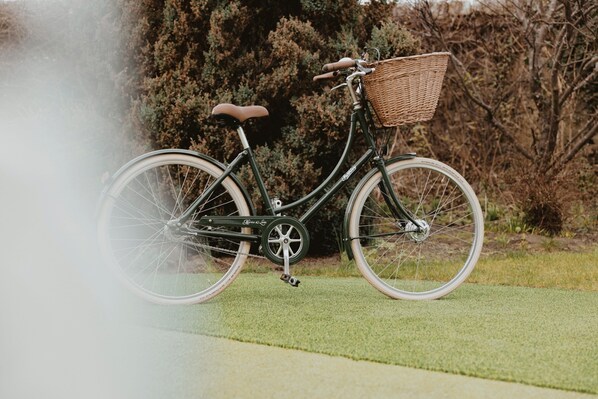 Un vélo d’appartement doté d’un panier en osier, placé sur une pelouse, avec des arbres en arrière-plan.