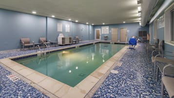 Indoor pool, open 8:00 AM to 10:00 PM, pool loungers
