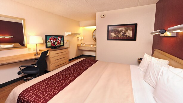 Une chambre d’hôtel comprenant un lit, un bureau avec un ordinateur, une chaise, un miroir, un téléviseur fixé au mur et un tableau encadré.