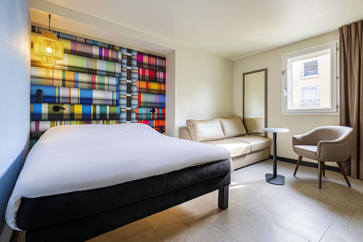 Desk, blackout curtains, soundproofing, iron/ironing board