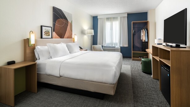 A hotel room with a large bed, a desk with a television, a wardrobe, and a window with curtains. - Spark by Hilton Rochester University Area (Rochester)