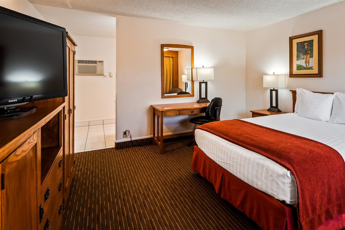 A hotel room with a bed, a desk, a chair, a television, a lamp, and two framed pictures on the wall.