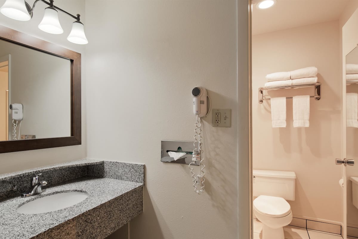 A bathroom with a granite countertop sink, a mirror, a hairdryer, and a toilet.