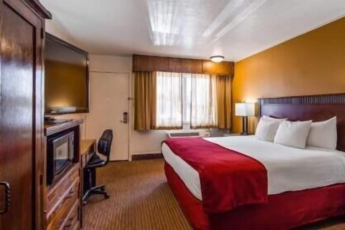 A hotel room with a bed, a desk, a chair, a TV, and a window with curtains.