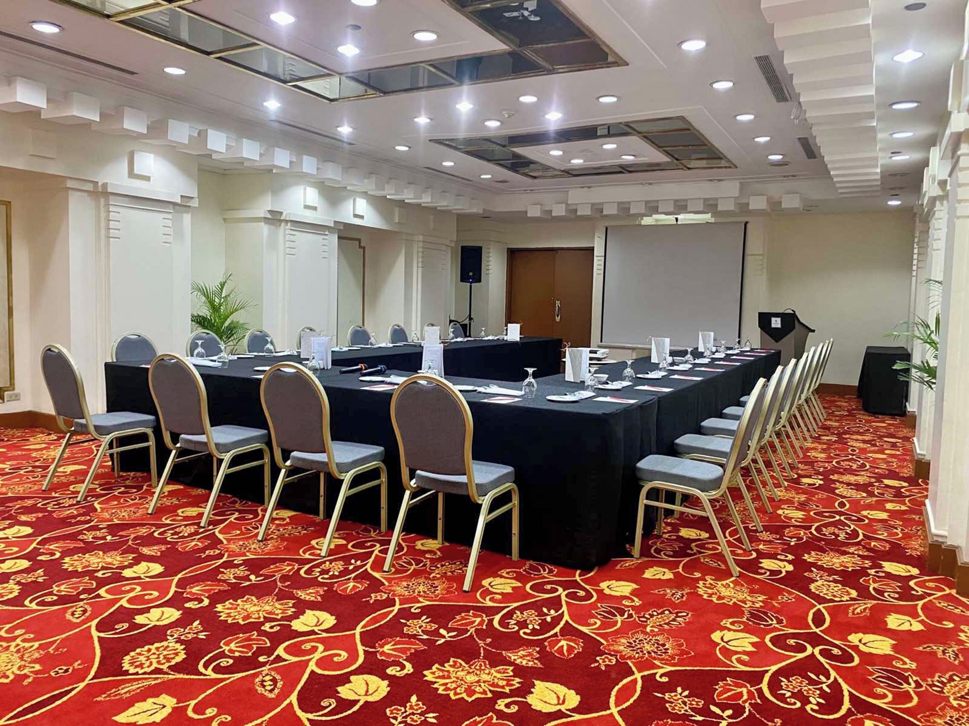 Un salón de conferencias con una larga mesa, sillas y suelo alfombrado.