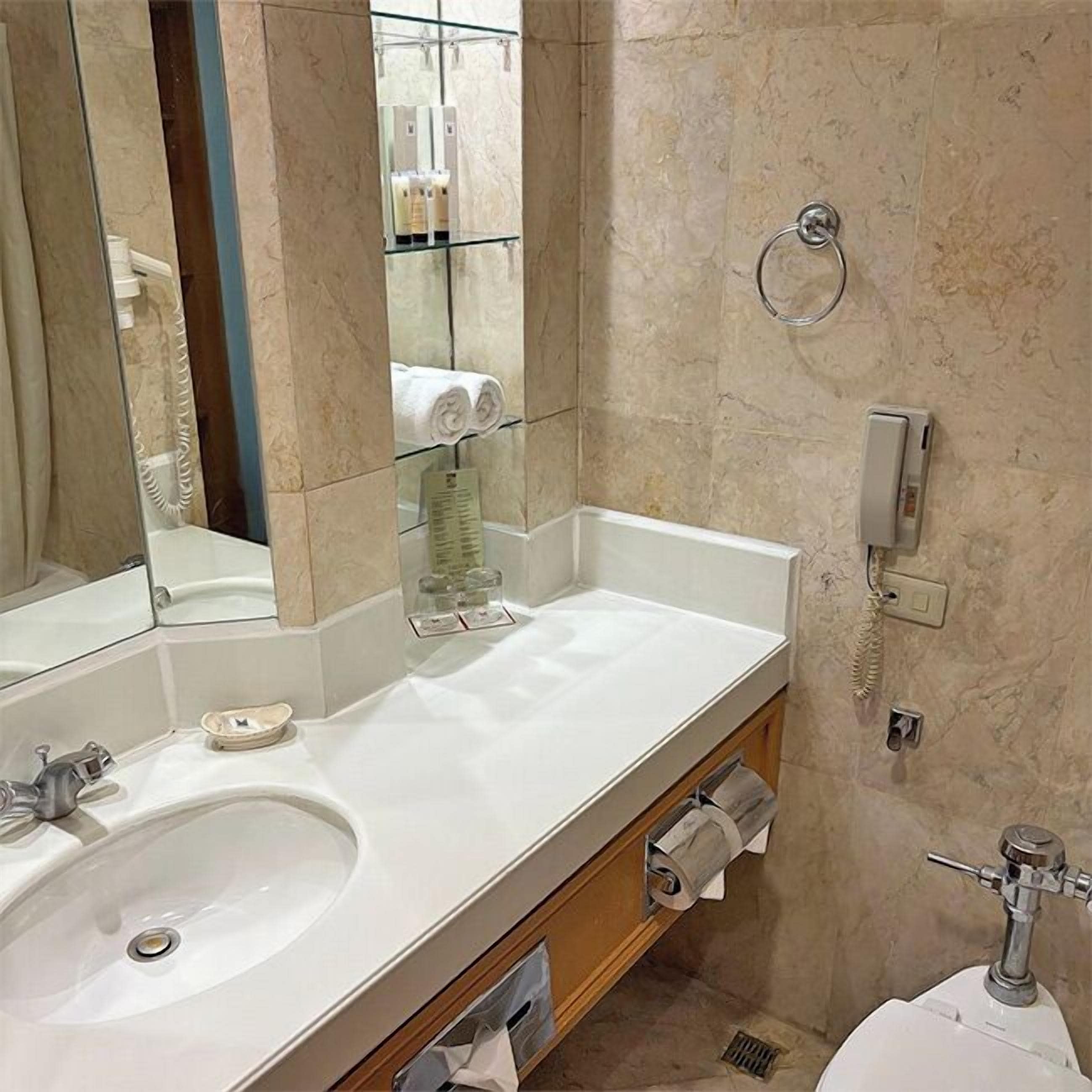 A bathroom with a white sink, a mirror, a glass shelf with toiletries, a toilet, and a telephone.