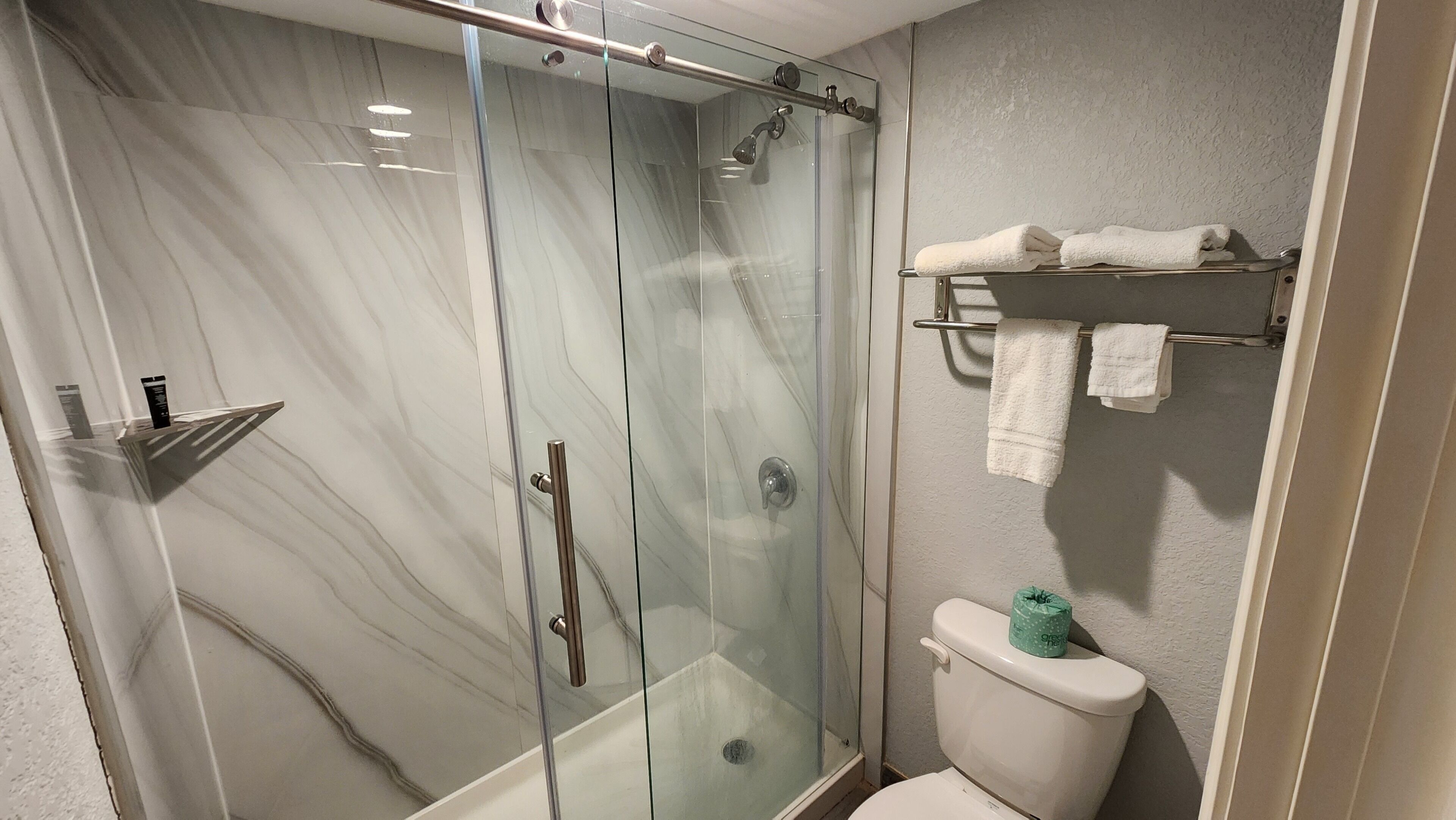 Combined shower/tub, free toiletries, hair dryer, towels