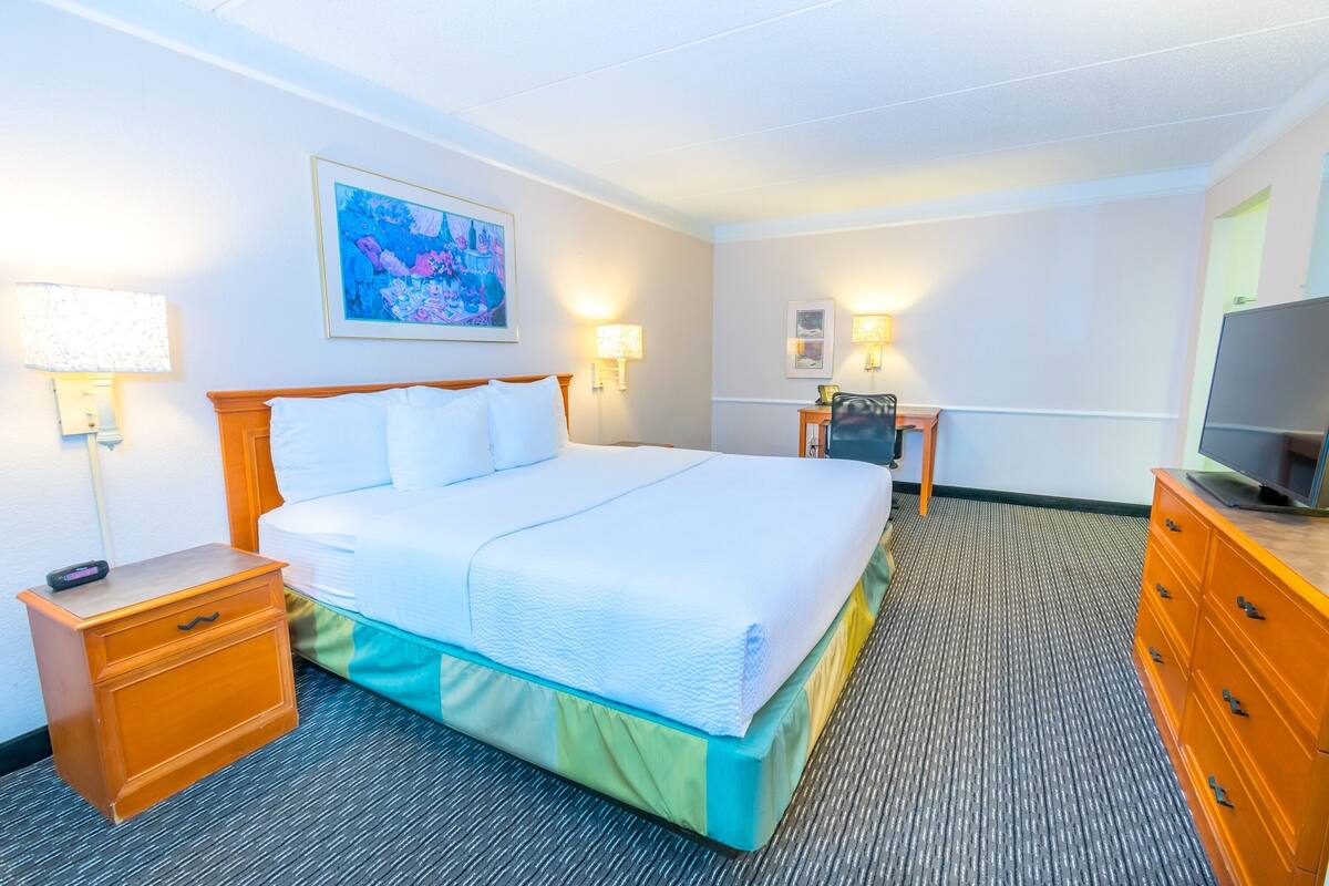 Habitación de hotel con cama, mesita de noche, lámpara, escritorio, silla y televisor.