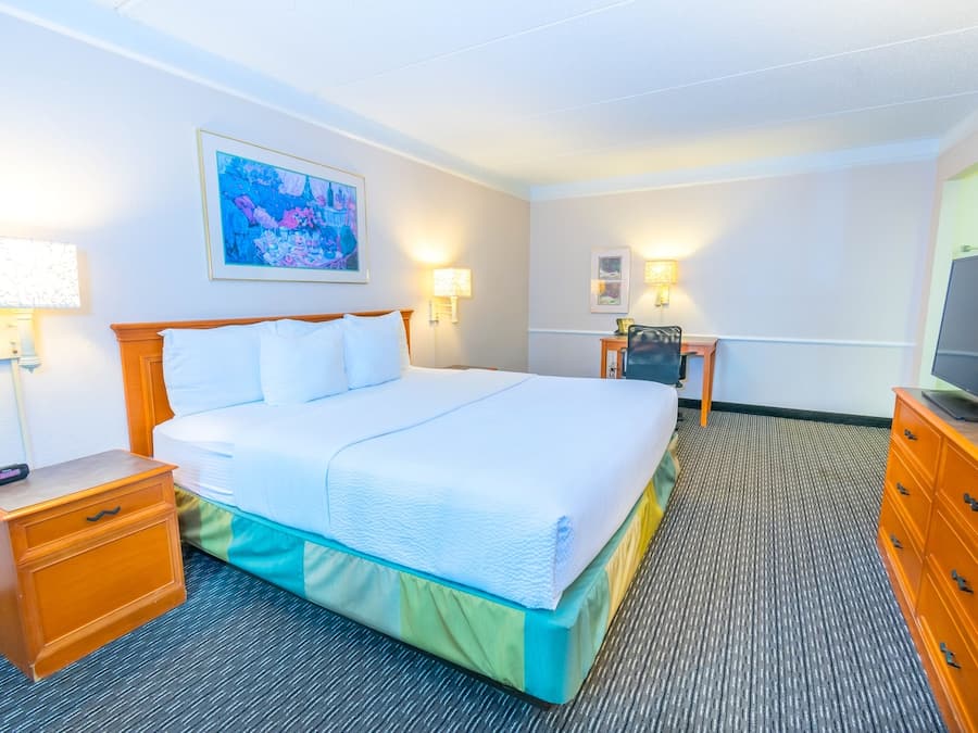 Premium bedding, desk, laptop workspace, blackout curtains