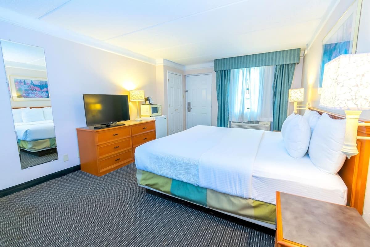 Habitación de hotel con cama, televisor, escritorio, espejo y ventana con cortinas.