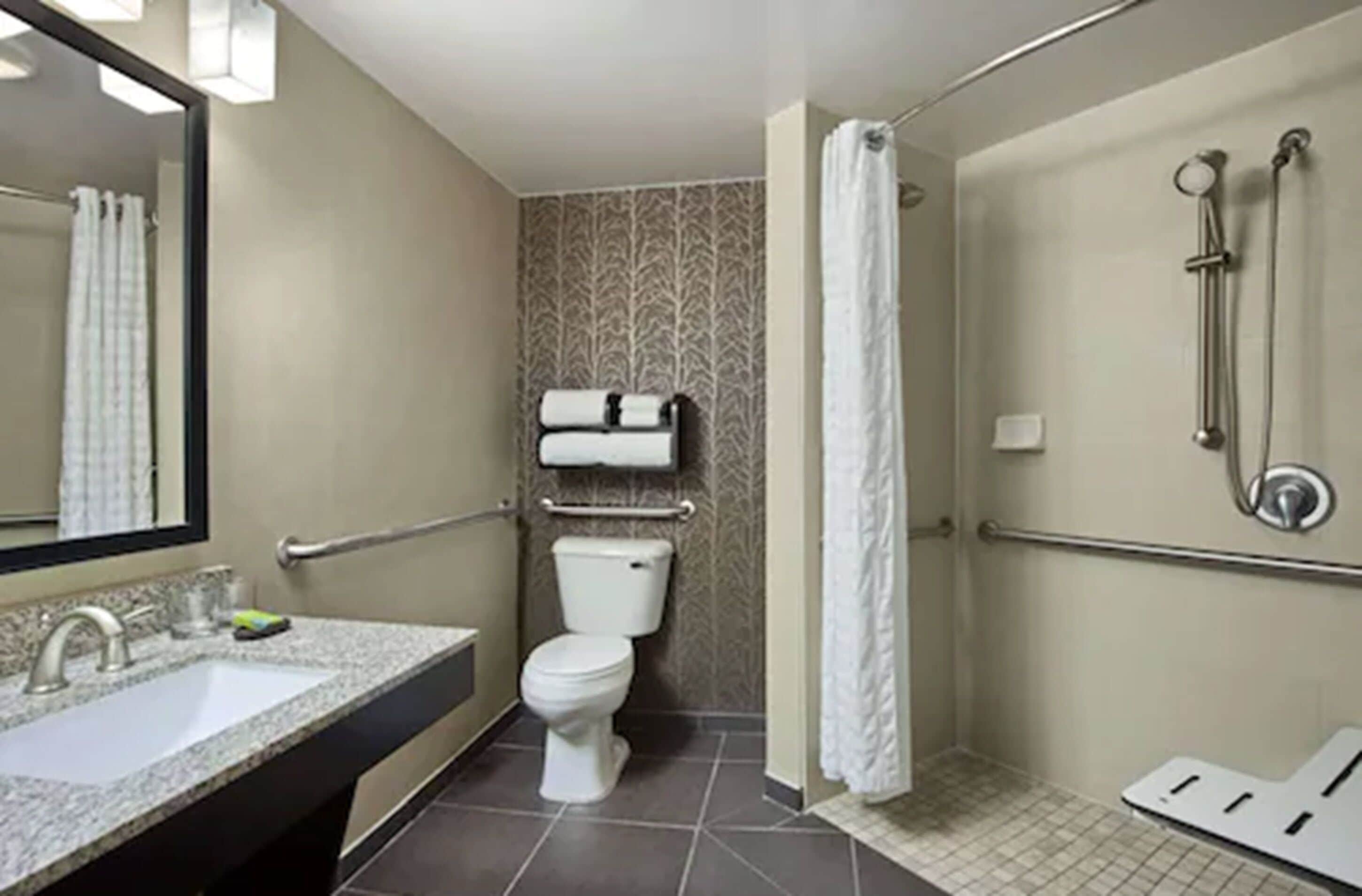 suite, 2 queen beds, accessible, roll-in shower (mobility & hearing) | bathroom | free toiletries, hair dryer, towels