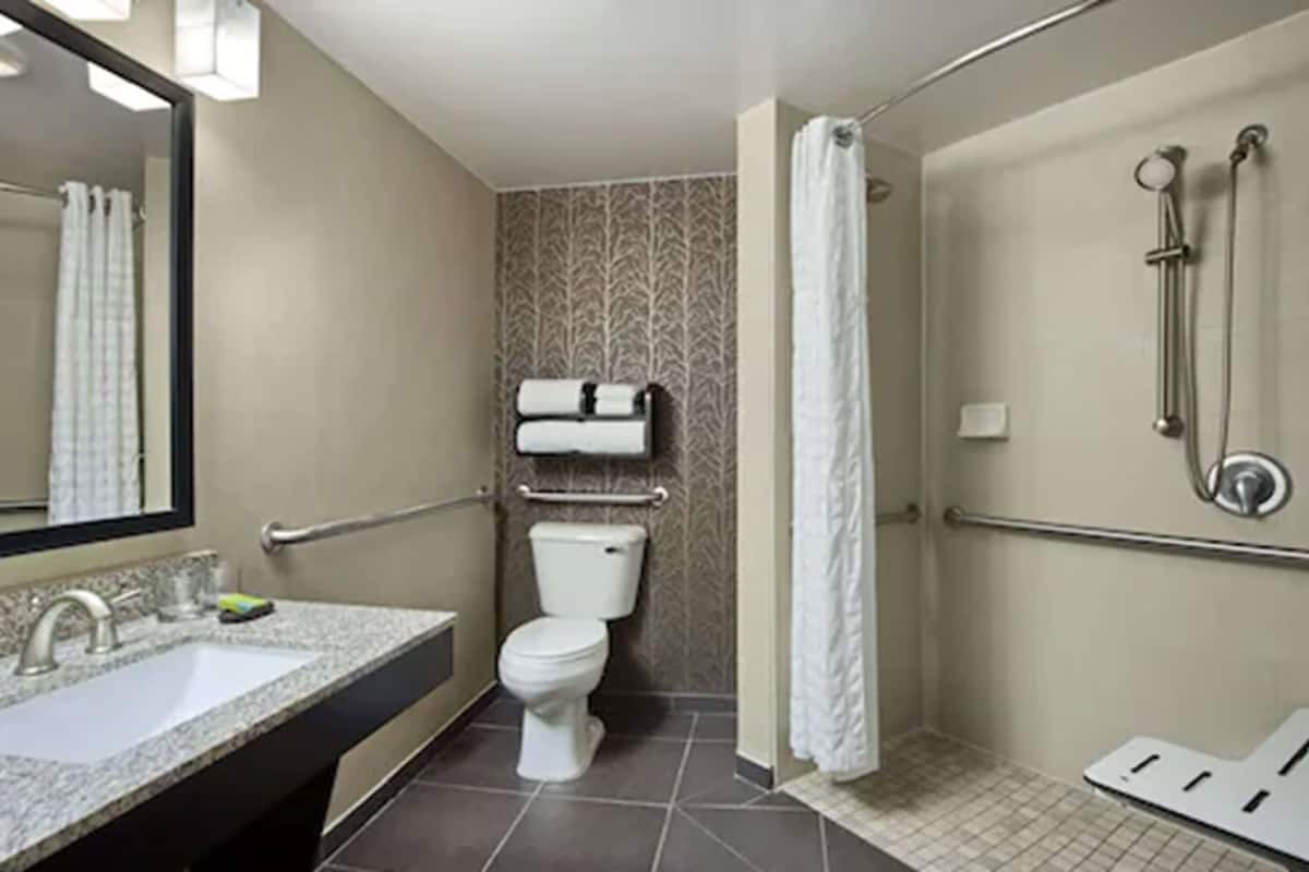 suite, 2 queen beds, accessible, roll-in shower (mobility & hearing) | bathroom | free toiletries, hair dryer, towels