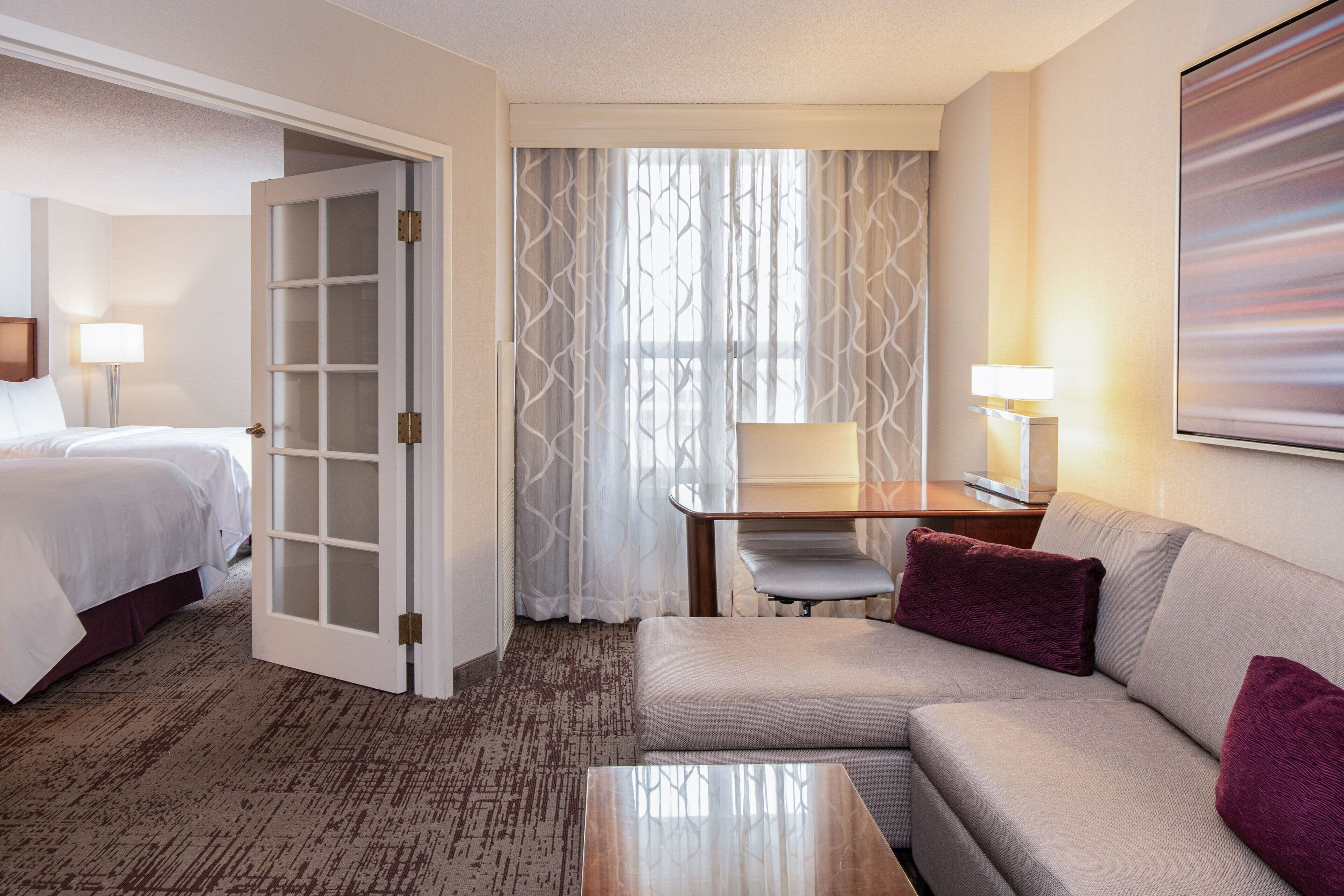 1 bedroom, hypo-allergenic bedding, desk, blackout curtains