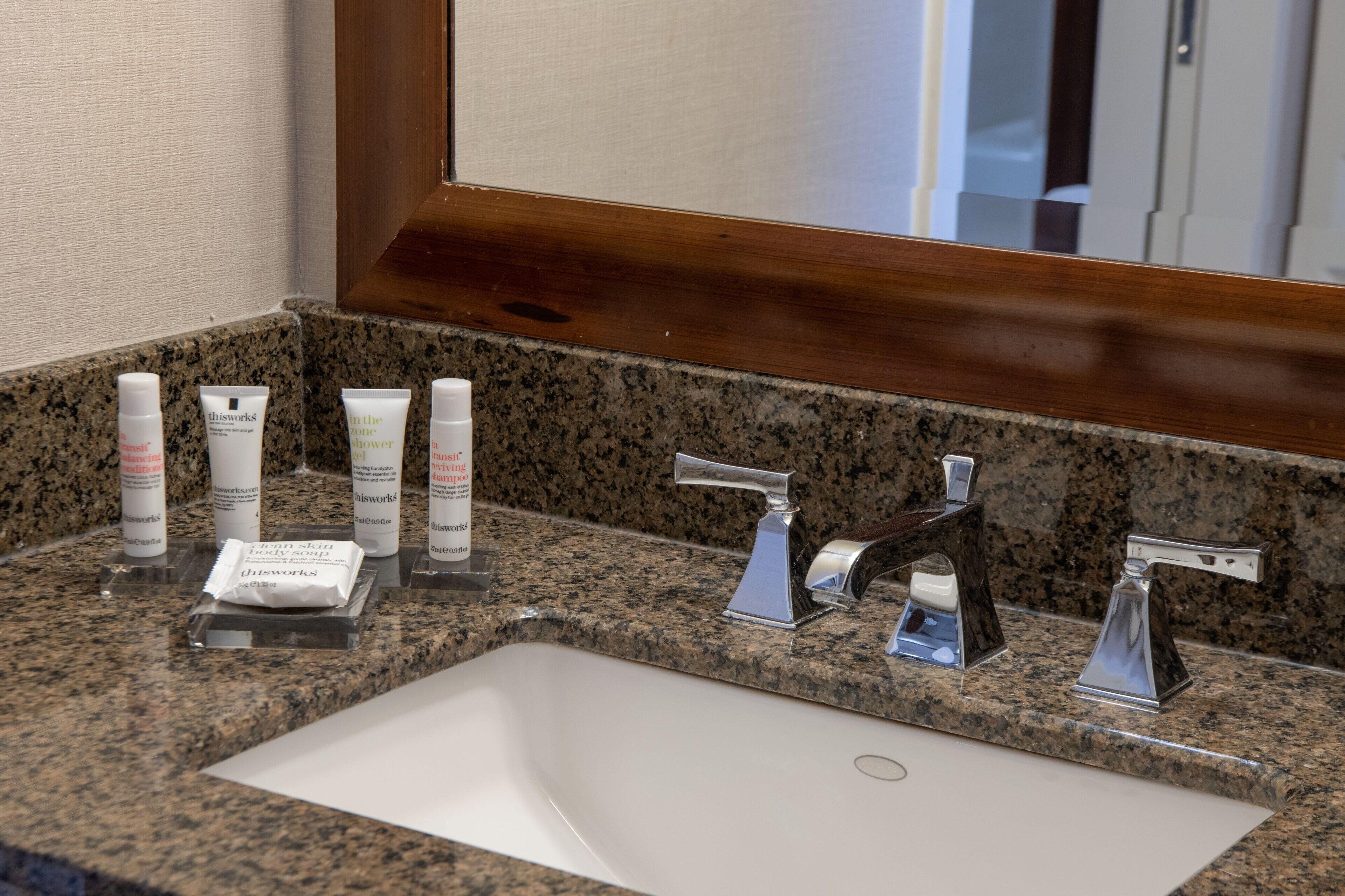 separate bathtub and shower, free toiletries, hair dryer, towels