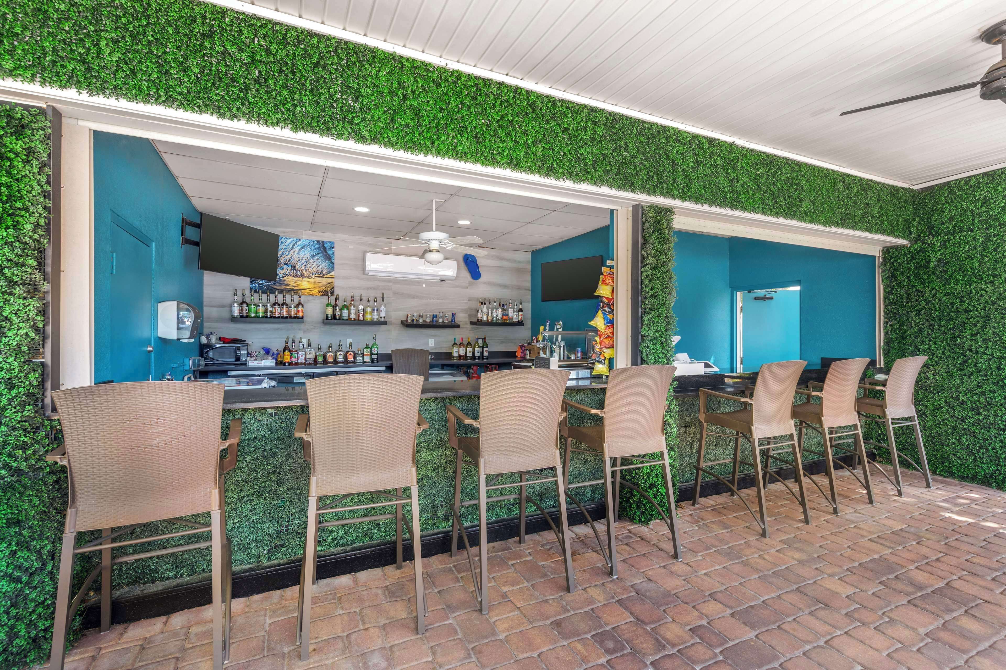 Un área de bar al aire libre con pared verde, detalles azules y sillas de mimbre.