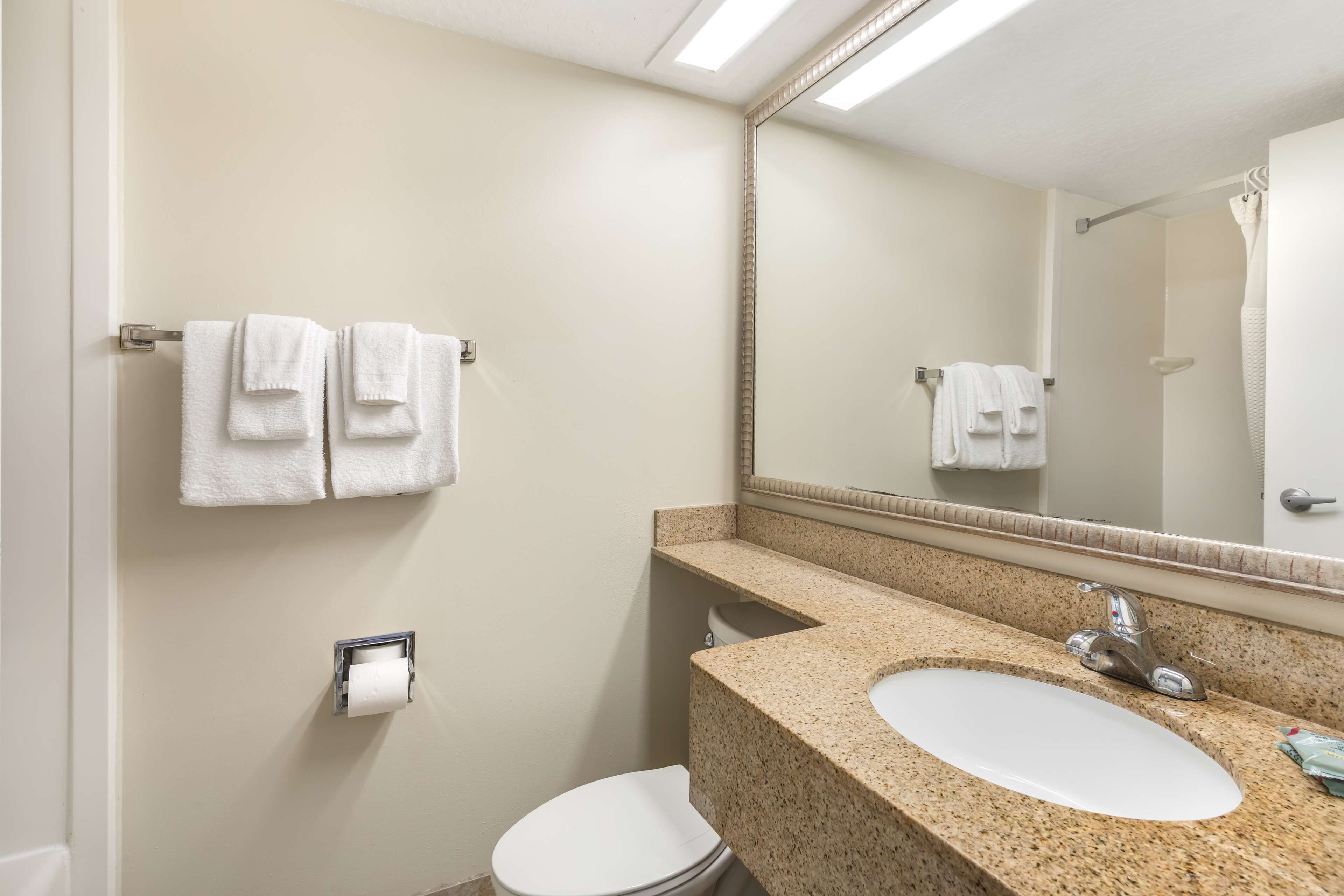 Ein Badezimmer mit Toilette, einem Waschbecken mit Granitplatte und einem Spiegel darüber.
