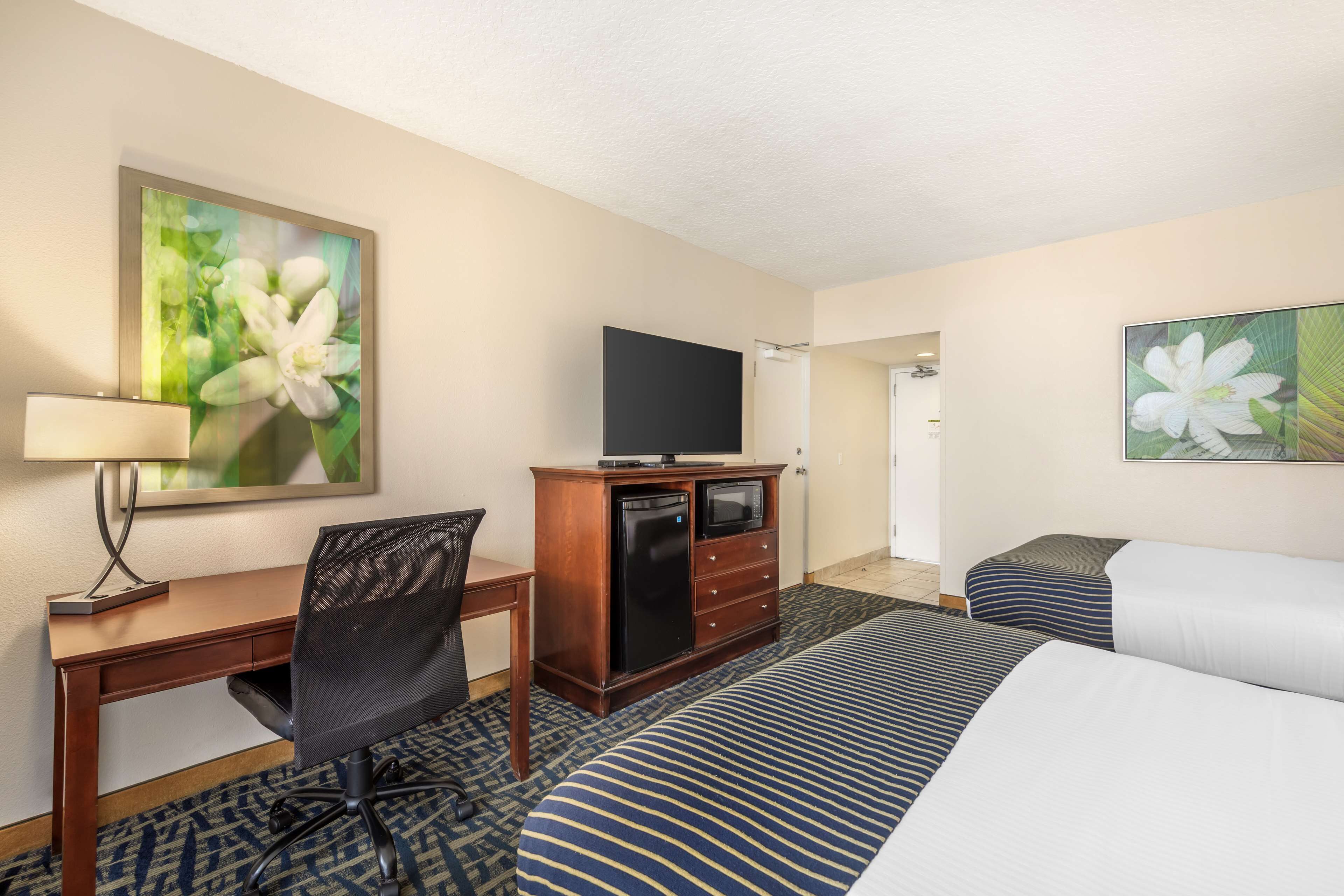A hotel room with a bed, a desk, a chair, a television on a cabinet, and two paintings on the walls.
