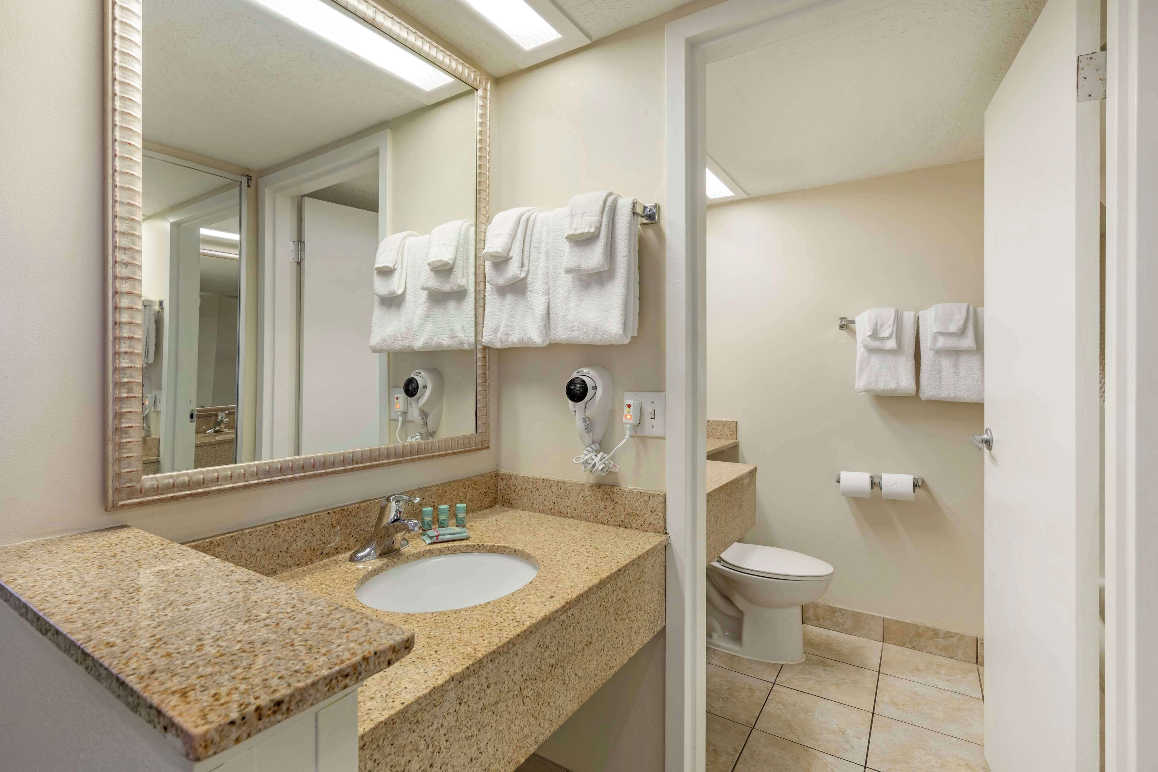 A bathroom with a granite countertop sink, a mirror, two towel racks, and a toilet.