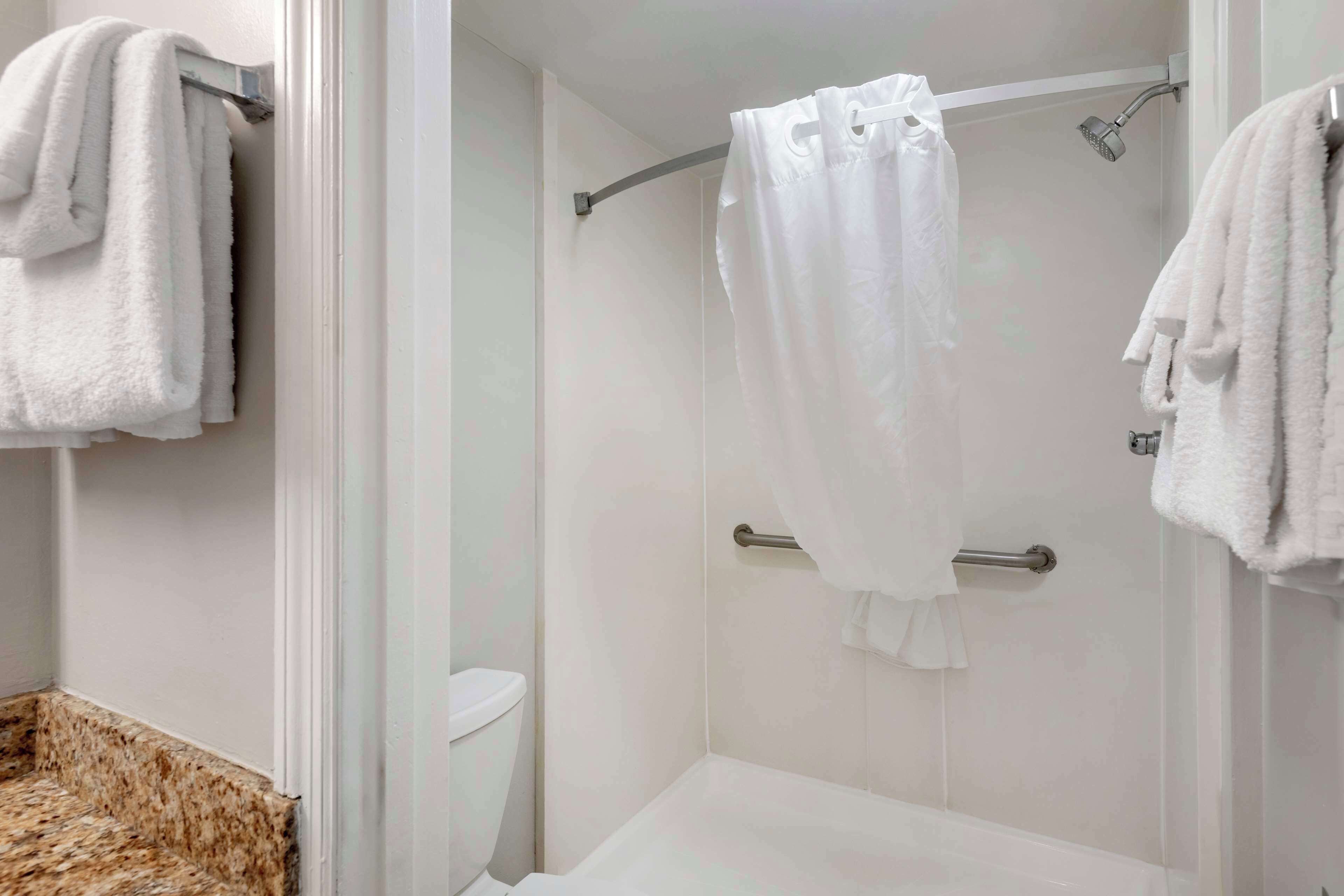 A bathroom with a shower, toilet, and a bathtub.
