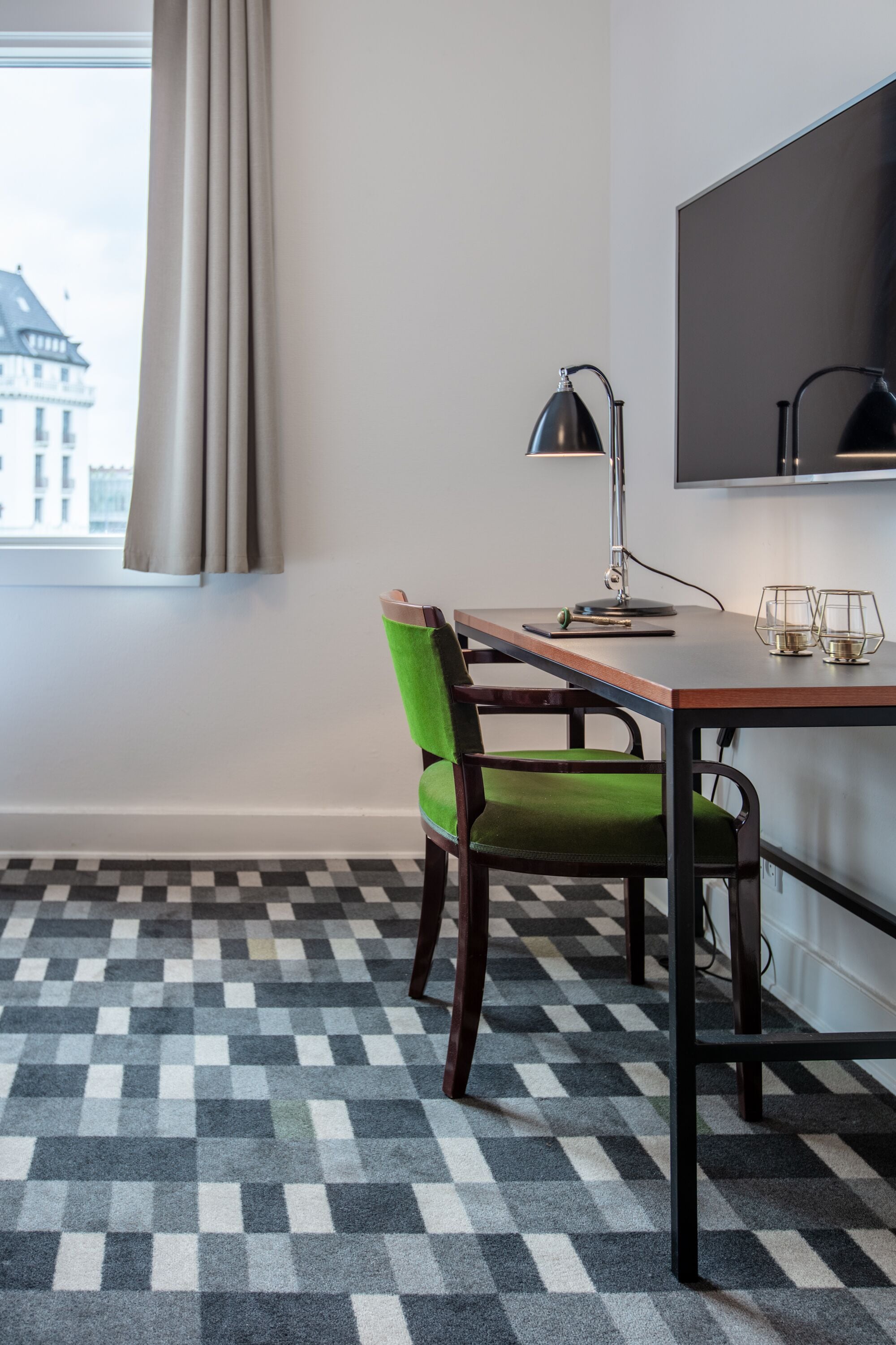 hypo-allergenic bedding, desk, laptop workspace, blackout curtains