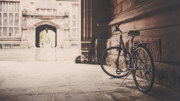 A bicycle parked against a building facade with an arched entrance.