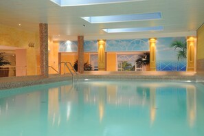 Indoor pool, open 9:00 AM to 8:00 PM, sun loungers