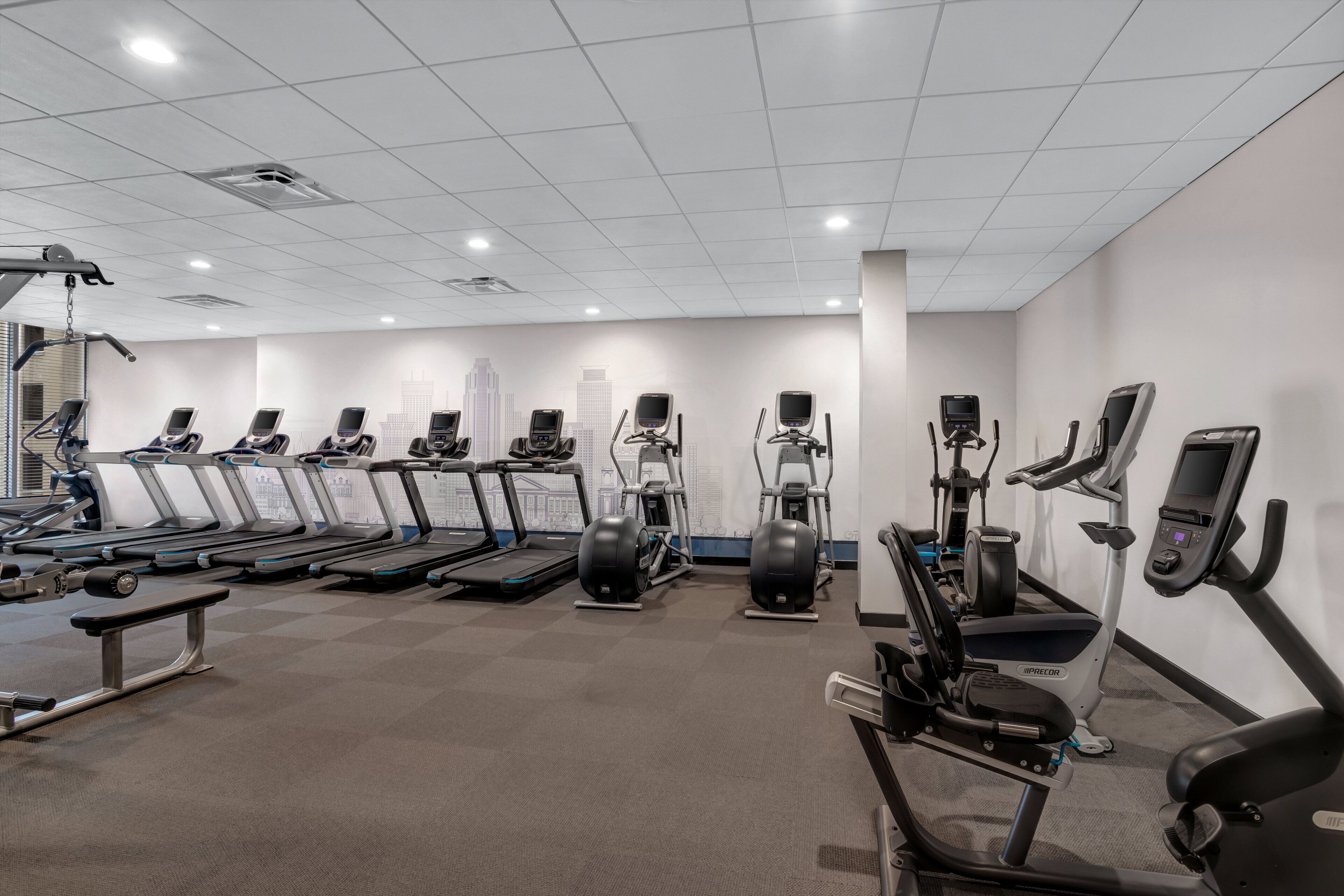 A gym with treadmills, elliptical machines, and weight equipment.