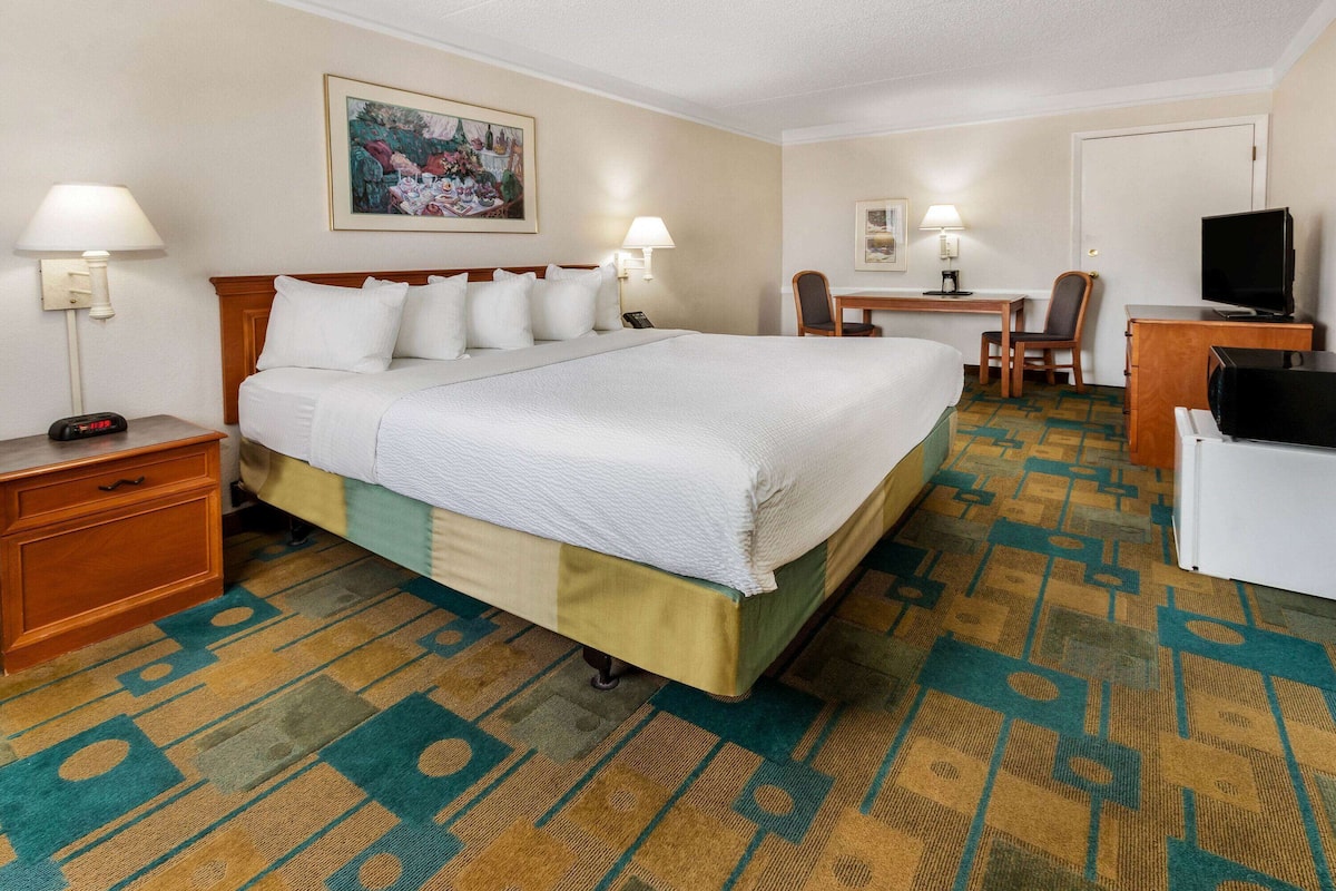 A hotel room with a large bed, a desk, a chair, a television, and a desk lamp.