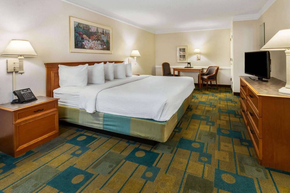 A hotel room with a bed, bedside tables, a desk, a chair, a television, and a patterned carpet.