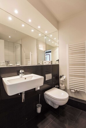 Combined shower/bathtub, hair dryer, towels