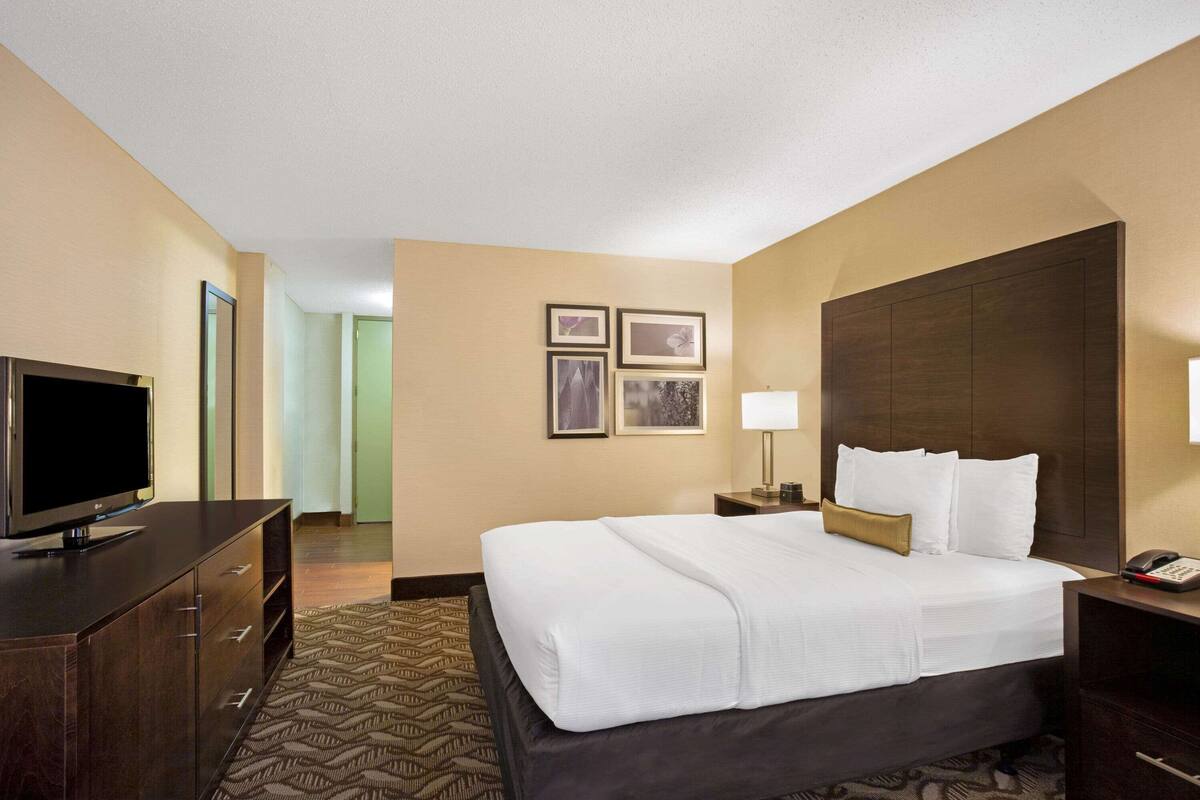 Habitación de hotel con una cama grande, un televisor en una cómoda, cuadros en la pared y una mesita de noche con una lámpara.