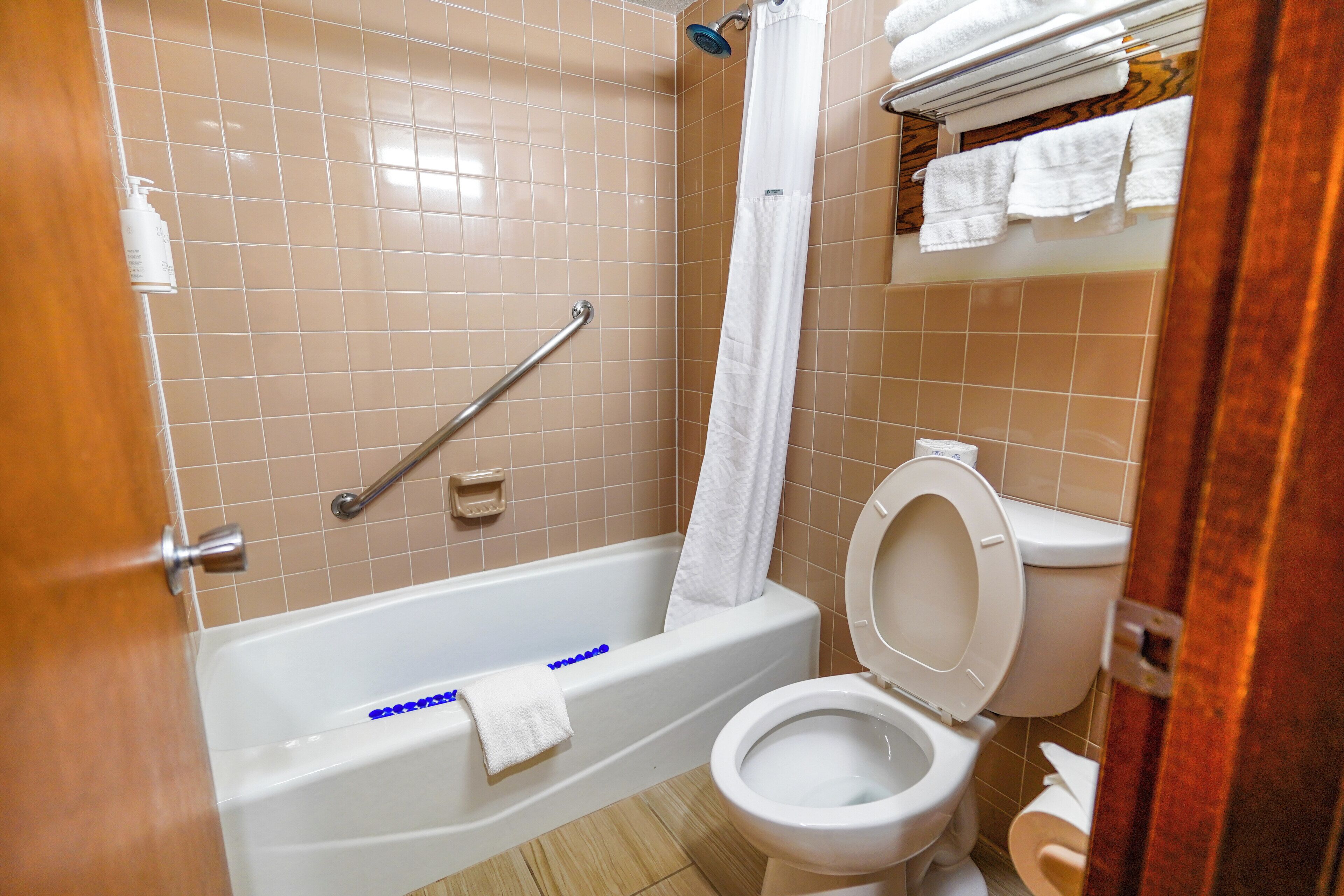 combined shower/bathtub, free toiletries, hair dryer, towels