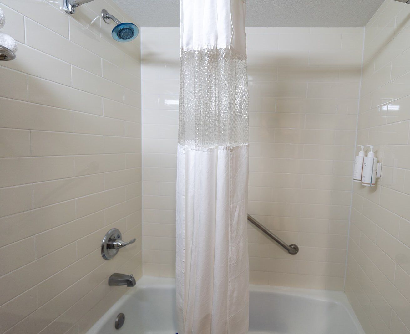 combined shower/bathtub, free toiletries, hair dryer, towels