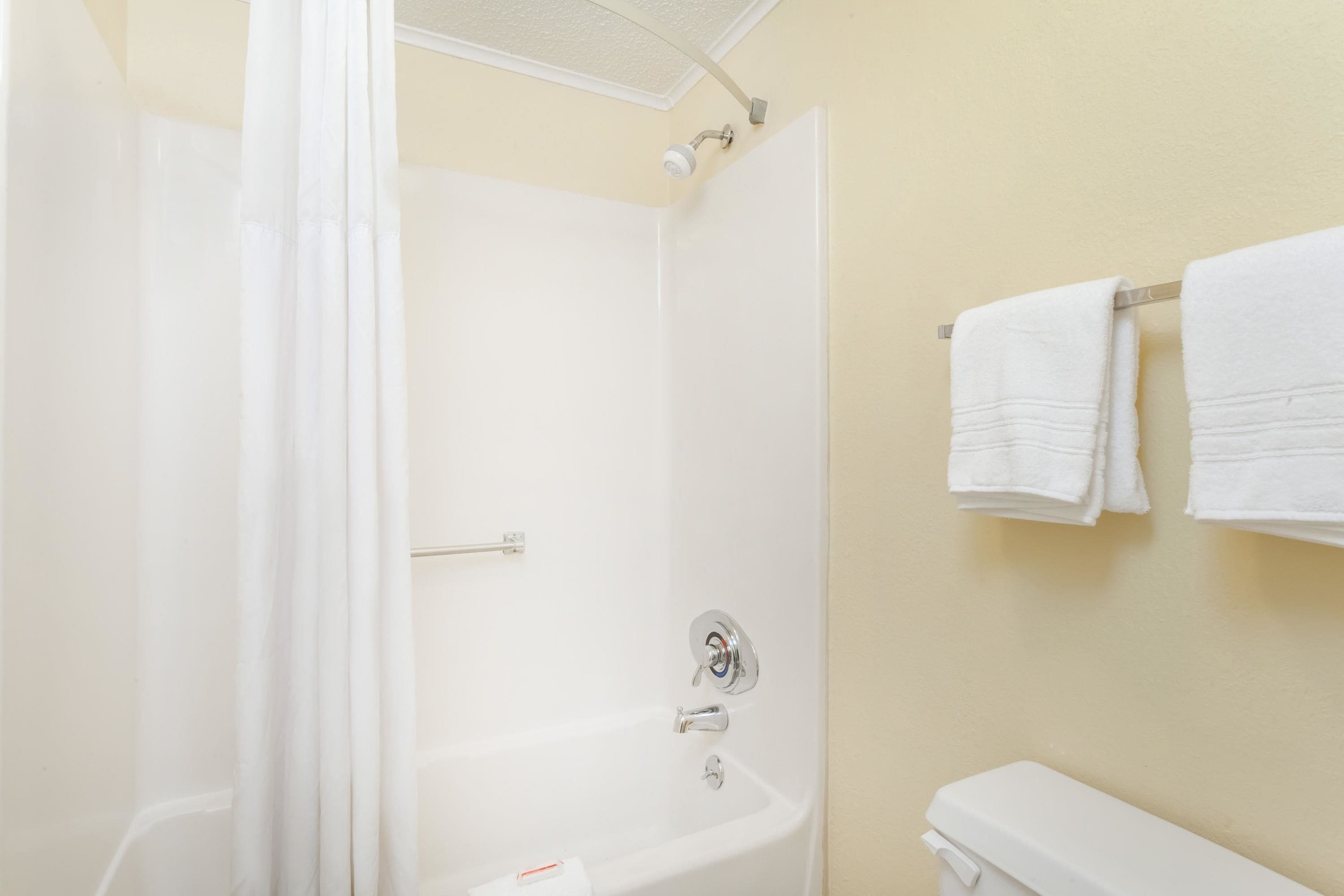 A bathroom with a shower, toilet, and towel rack.