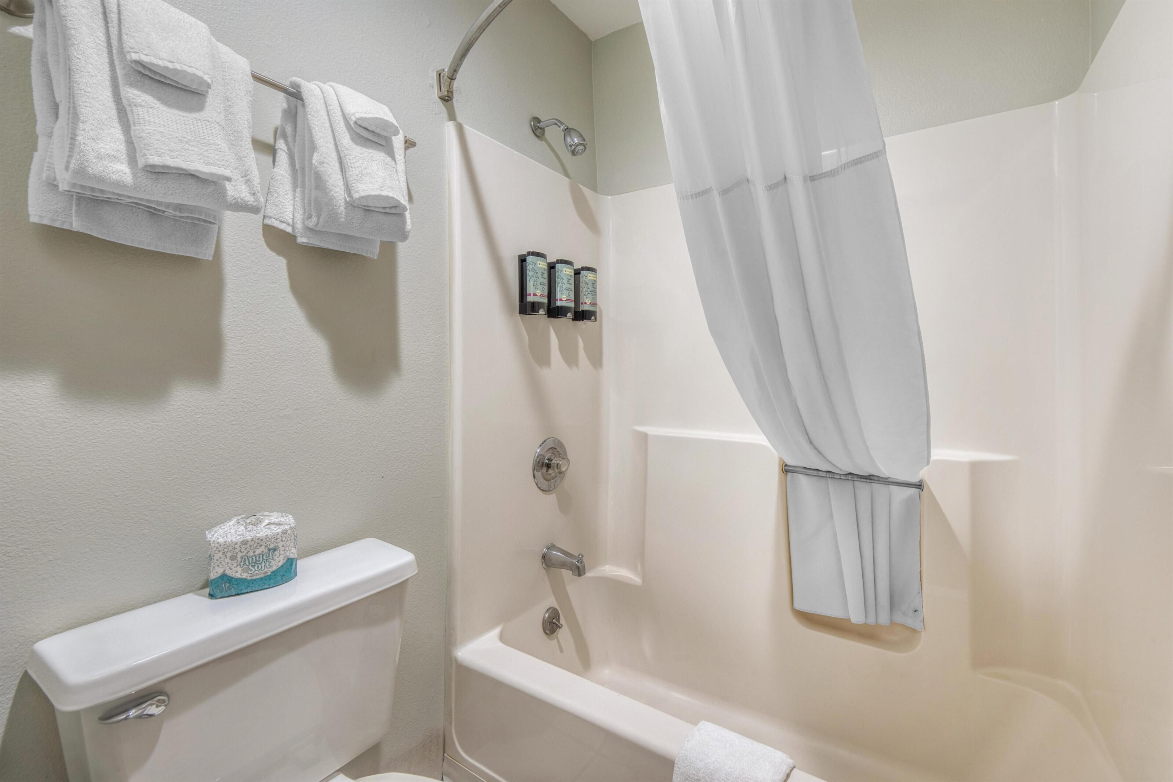 Ein Badezimmer mit Toilette, Badewanne und Duschvorhang.