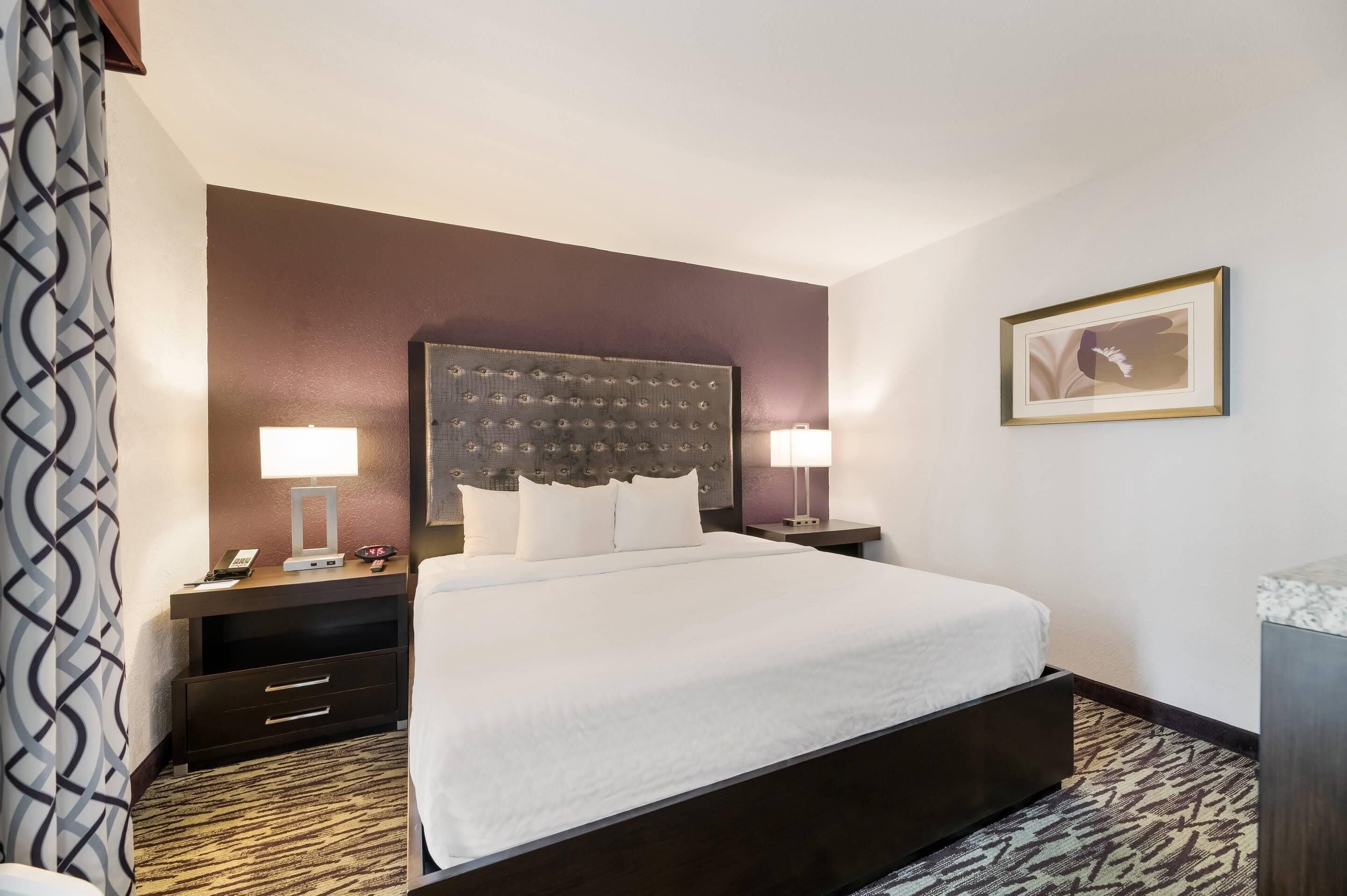 A hotel room with a large bed, two bedside tables with lamps, a dark headboard, a framed picture on the wall, and a patterned carpet.