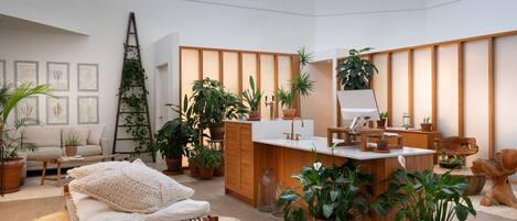 Amplia sala de estar con un sofá, un banco de madera y una mesa de comedor. Hay varias plantas en macetas y una escalera apoyada en la pared.