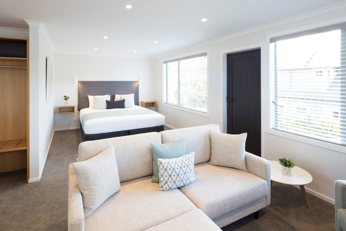 Una habitación de hotel moderna con una cama, un sofá, una mesita con una planta y un armario.
