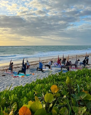 A group of people performing yoga on mats on a beach with ocean in the background.