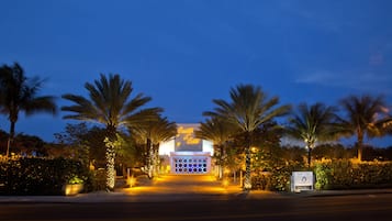 A hotel entrance at dusk with palm trees and illuminated signage.